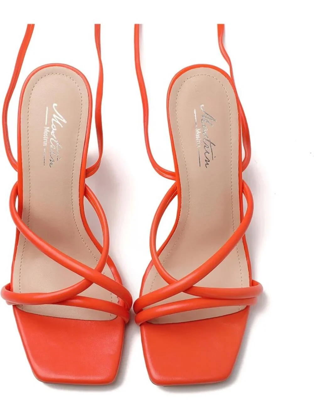 〽️Womens Orange Strappy Lace Up Square Toe High Heels Party Open Toe Heel Prom S